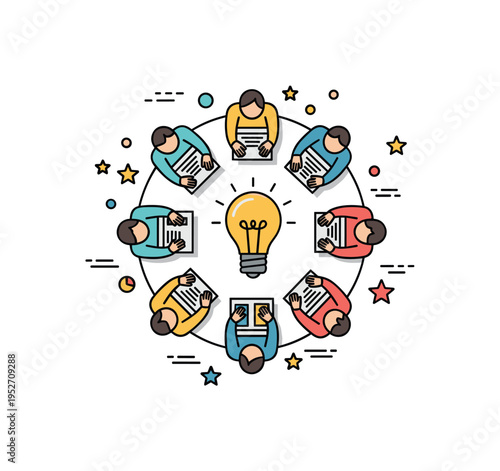 Corporate team workshop collaboration concept represented by a round table with participants and a central light bulb icon, symbolizing brainstorming and
