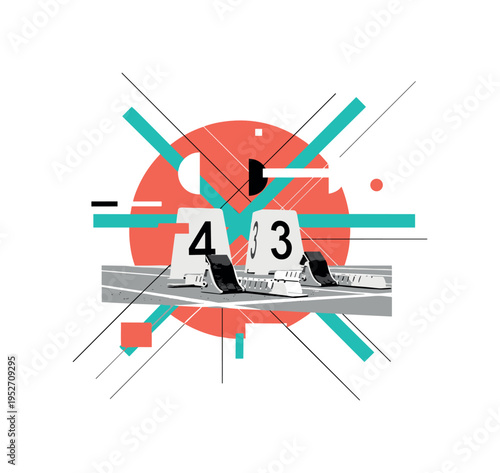 black and white starting blocks positioned on track surface, framed by bright coral circular form and teal geometric bars, thin intersecting lines and abstract