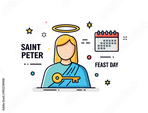 Saint Peter feast day inspiration showing a simple haloed figure with key emblem and a small calendar icon labeled Feast Day, expressing commemoration and