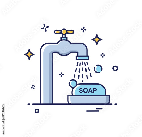 School restroom cleanliness icon scene combining a simple faucet, soap, and sparkle accents arranged into a compact badge. The scene communicates sanitation