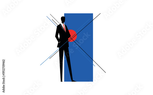 Black and white tall executive silhouette with exaggerated long legs and small head, bold cobalt blue vertical rectangular block behind figure, red circular