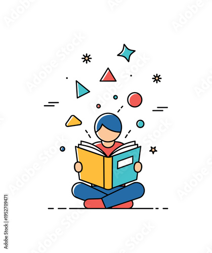 Person reading creative imagination theme showing a seated figure with an open book and small abstract shapes rising from the pages. A playful and inspiring