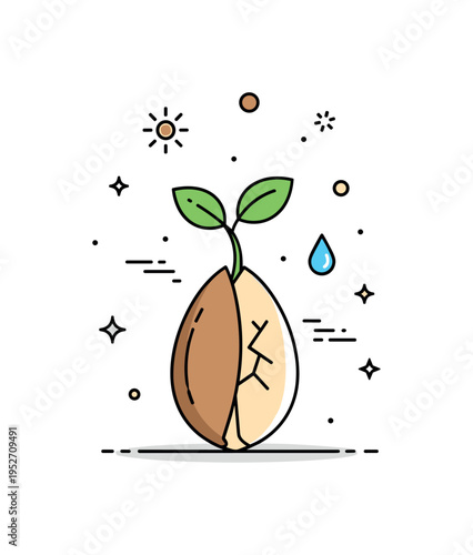 Seed growth potential symbolized by a single large seed cracking open with a fresh green sprout emerging upward, expressing new beginnings and quiet strength.