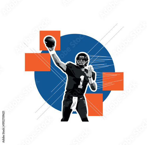 black and white quarterback mid-throw with arm fully extended and football in motion, cut-out effect with subtle white outline, layered with deep blue circular