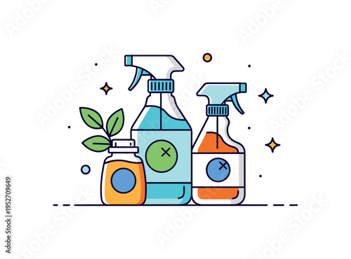 Homemade cleaning products in refillable spray bottles illustrated with simple labels and a small plant accent nearby, symbolizing natural and low waste