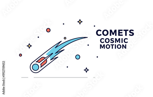 Comets cosmic motion concept featuring a bright comet with a long curved tail sweeping across a minimal star field. The compact scene conveys speed, mystery,