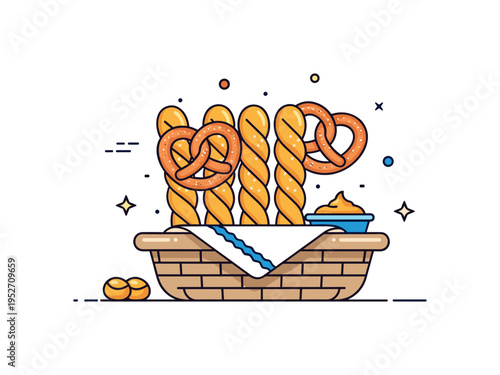 Traditional German style pretzels in woven basket shown with neatly arranged golden twists and a small mustard dip on the side, symbolizing heritage baking and
