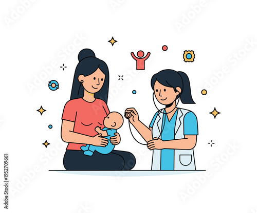 Postnatal checkup mother sitting with infant while a friendly healthcare professional listens with a stethoscope, symbolizing professional guidance and early