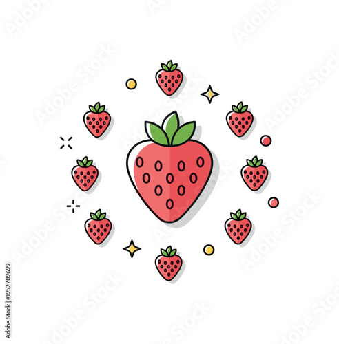Strawberry pattern inspiration built around a central berry surrounded by small repeating mini berries, conveying playful packaging design and cheerful