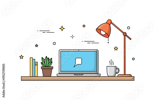 Remote work setup at home centered on a clean desk with laptop, small plant, and coffee mug neatly arranged, expressing productivity and comfort. The