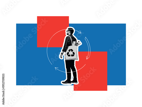 Retro monochrome silhouette of a person carrying a tote bag with reusable items visible inside, large flat cobalt blue geometric backdrop intersected by bright