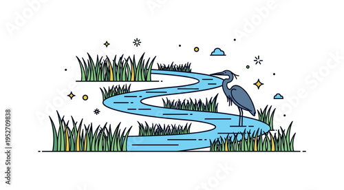 Marshland ecosystem winding water channels surrounded by tall grasses and a single heron silhouette standing quietly, conveying biodiversity and peaceful