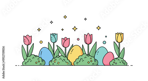 Spring garden with pastel Easter eggs tucked between tulips and small shrubs symbolizing renewal and joyful traditions. Balanced composition keeps the hidden