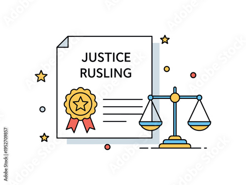 Justice ruling badge centered on a paper sheet combined with scales of justice icon representing impartial judgment and lawful process. The cohesive