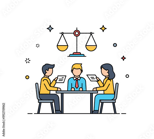 Business meeting decision making process shown as three figures around a small table with a scale icon above them, symbolizing analysis and balanced judgment.