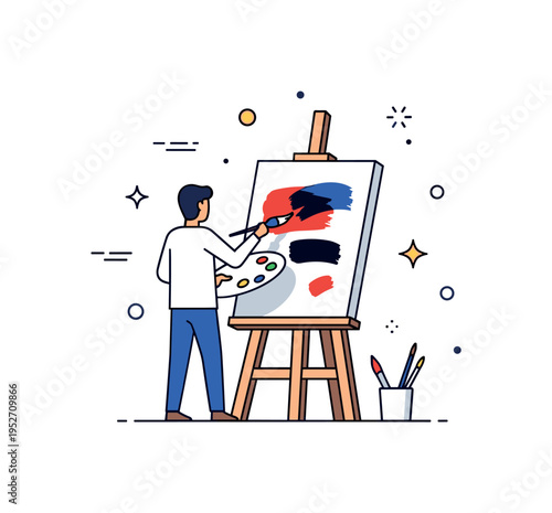 Live painting event centered on an artist standing before an easel with bold brush strokes forming on canvas, expressing creativity in motion and public