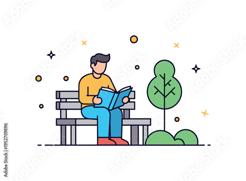 Outdoor reading scene showing a man seated on a simple bench with an open book and small tree accent nearby, symbolizing calm reflection in nature. The compact