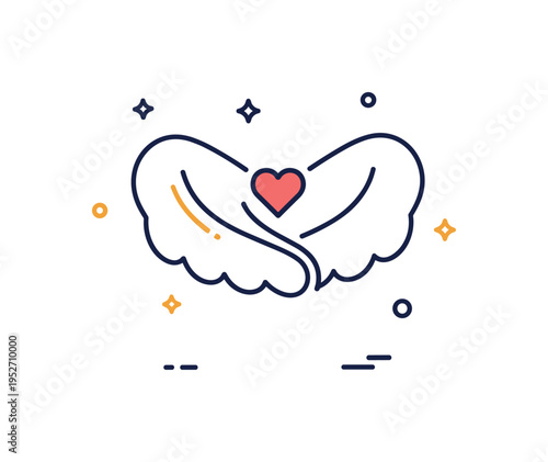 Guardian angel symbolism represented by a pair of rounded wings partially embracing a tiny heart at the center, conveying care, guidance and emotional safety.