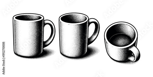 Coffee mug A realistic ceramic coffee mug with cylindrical body and curved handle, shown as the same mug in three different views to emphasize shape and