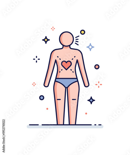 Positive body image concept illustrated by a confident human silhouette standing upright with a small heart symbol at the center, expressing self respect and