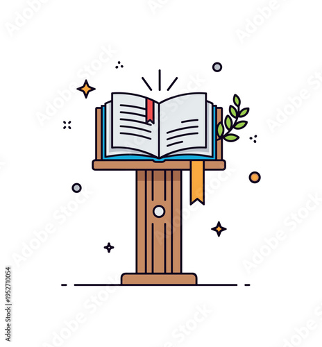 Renaissance humanist classroom compact wooden lectern with open book and subtle laurel accent, symbolizing revival of classical knowledge and expansion of