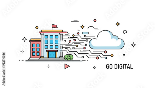 Embracing digital transformation business evolution concept illustrated by a classic office building icon gradually blending into a cloud and circuit lines.