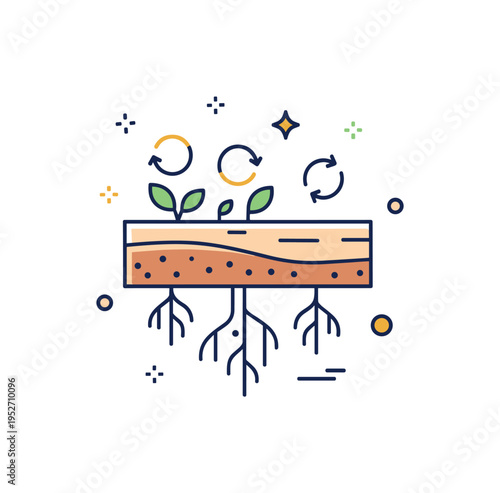 Soil fertility regenerative farming concept illustrated by a soil layer with roots extending deeply and small circular arrows indicating restoration,