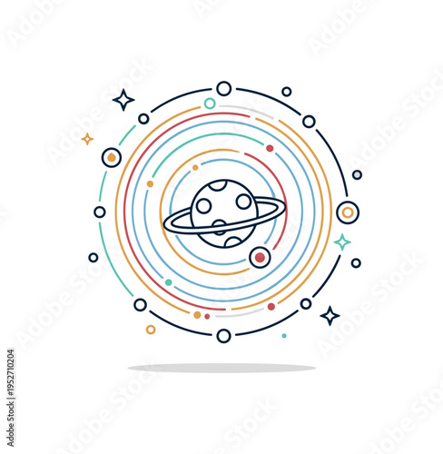 Celestial aura halo of layered glowing circles around a simplified planet silhouette, conveying protective universal forces and spiritual harmony. Minimalist