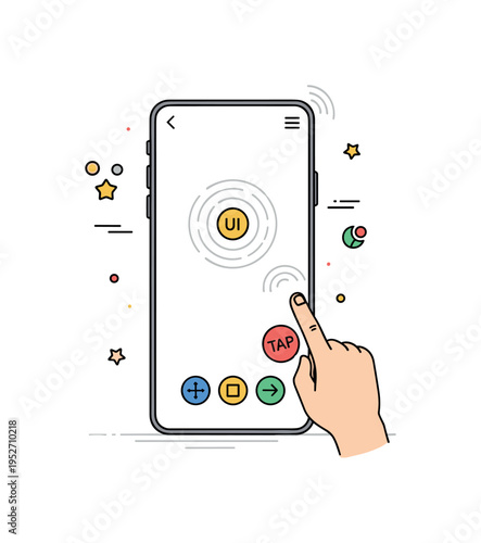 Trying out a new mobile game interface centered on a clean phone display with colorful UI buttons and subtle tap ripple effect, expressing intuitive controls