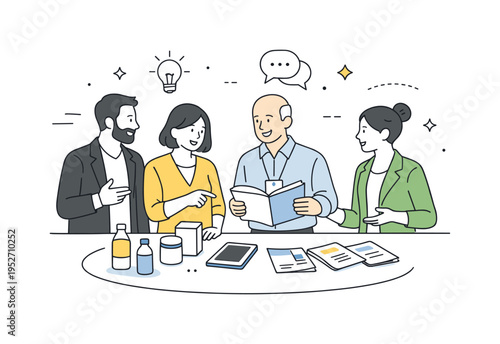 Business expo collaboration. Several business owners discussing products around a demo table with samples and brochures. Cooperative energy and curiosity