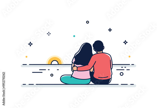 Sunset journey together concept illustrated through two seated silhouettes watching a horizon line with a small glowing sun, expressing reflection, closeness,