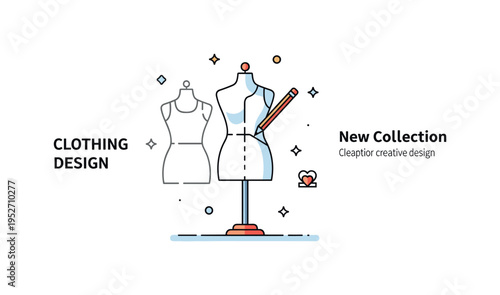 Clothing design creative fashion concept illustrated by a simple dress form mannequin with a partially sketched garment outline and a small pencil resting