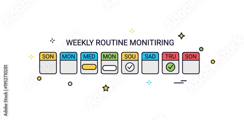 Weekly routine monitoring scene illustrated by a horizontal row of seven small squares with selected days highlighted, conveying structure and accountability.