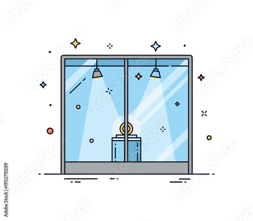 Store window display featuring a clean glass storefront with a single highlighted product on a pedestal and soft spotlight accents, expressing