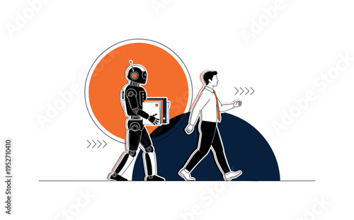 Black and white robot carrying office files beside walking human coworker, large bright orange circle behind the pair symbolizing teamwork energy, deep navy