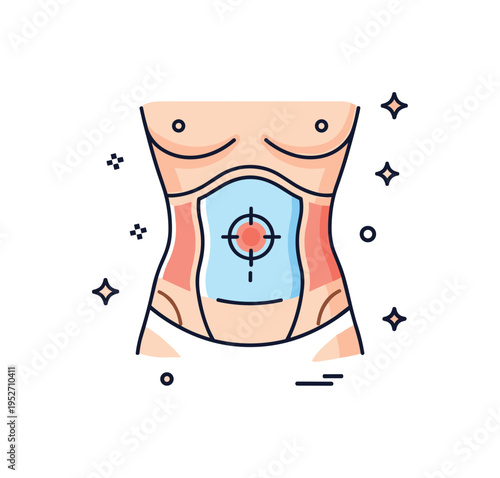 Defined abs core strength anatomy focus illustrated by a simplified torso with highlighted abdominal segments and a tiny target icon centered on the core. A