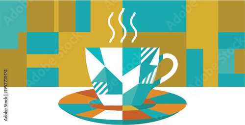 A colorful illustration of a steaming cup of coffee on a saucer