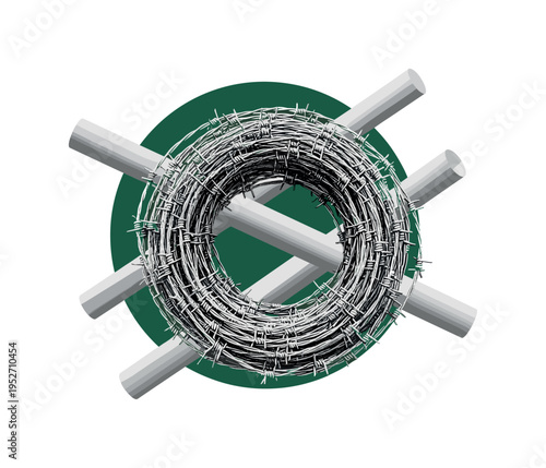 black and white barbed wire coil in close-up as main object, framed by large dark green circle and abstract gray barrier cylinders, subtle halftone texture,