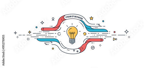 Stream of motivation creative energy illustration featuring flowing ribbon like shapes circling a central lightbulb icon. The scene expresses fresh ideas,