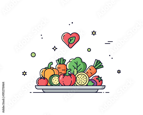 Healthy organic lifestyle theme shown through a plate filled with colorful produce and a small heart leaf symbol above, communicating nutrition and wellbeing.