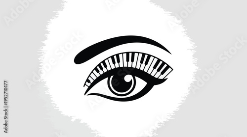 A close-up illustration of a human eye with detailed eyelashes and eyebrow