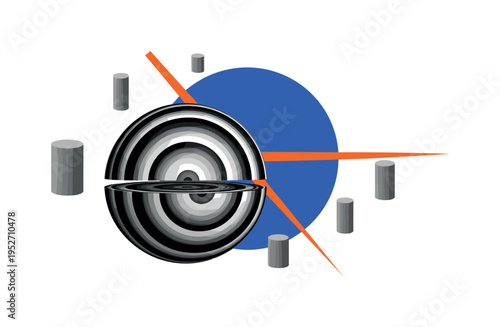 Black and white sphere split in half exposing concentric layer rings, large electric blue sun-like disc behind intersected by sharp orange diagonal bar