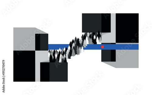 Black and white abstract forest corridor emerging between two geometric urban blocks, bold electric blue horizontal band representing restored ecosystem link,