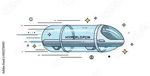 Hyperloop concept high speed capsule traveling inside a transparent vacuum tube with motion lines and subtle star accents conveying futuristic transportation