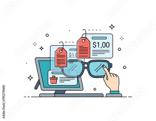 Interactive retail display with smart glasses overlaying digital price tags and product details symbolizing futuristic in store experience. Balanced