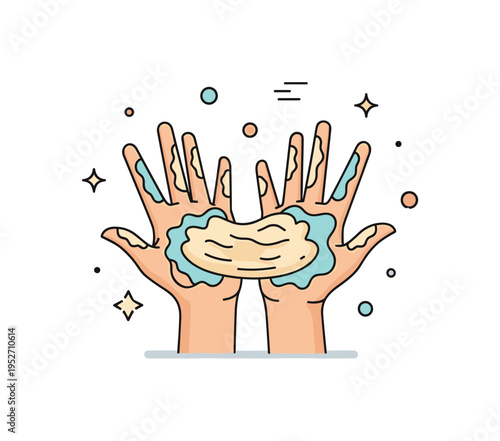 Messy creative joy represented by clay covered hands held up with small playful dots around, expressing freedom, experimentation, and hands-on artistry. A