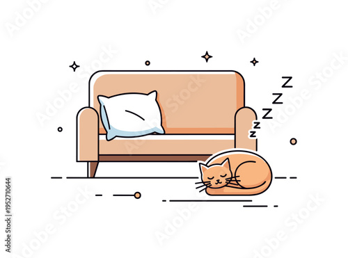Afternoon nap moment captured with a simple sofa, fluffy pillow and a sleeping cat curled into a peaceful circle, symbolizing warmth and domestic serenity.