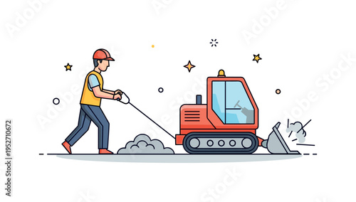 Road construction with power equipment showing a laborer guiding a compact machine while holding a control tool, symbolizing infrastructure development and