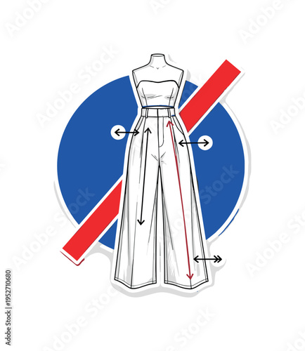 Black and white fashion sketch of high-waisted pants on a mannequin, oversized cobalt blue circle centered behind the torso, contrasting red rectangular strip
