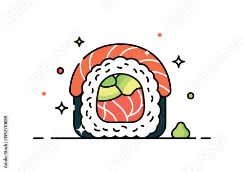 Close up of a beautifully crafted sushi roll with avocado, fish, and rice culinary artistry idea illustrated by a precise circular roll slice with balanced